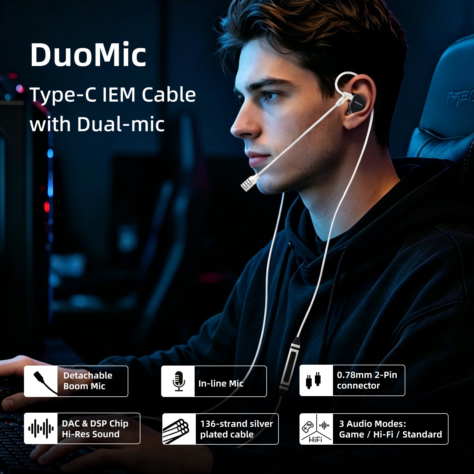 DuoMic Type-C Gaming IEM Cable with Dual Mic